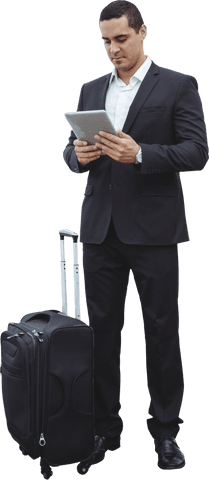 Transparent Businessman with Luggage Holding Tablet