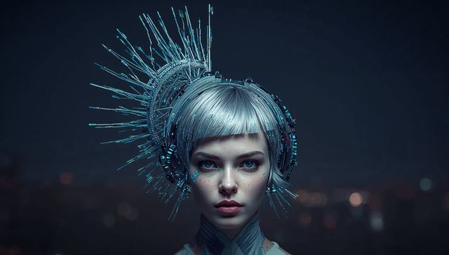 Gazing futuristic android woman wearing spiked chrome halo headpiece and cybernetic collar