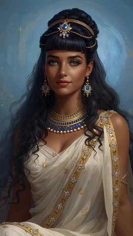 Vertical portrait regal woman wearing gold lapis diadem, flowing white drape, drifting particles