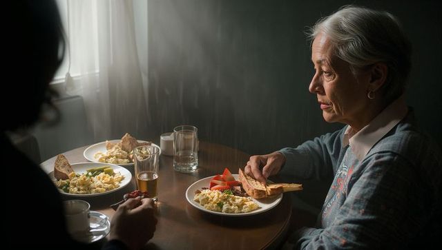 Senior woman holding toast preparing cozy sunlit breakfast at home table with caregiver