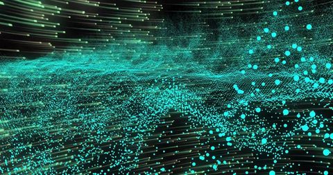 Teal particle wave flowing through digital cyberspace with glowing dots and motion