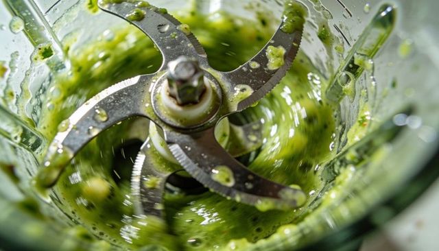 Stainless steel blender blade spinning through vibrant green puree in glass jar with droplets