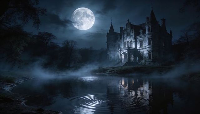 Haunting moonlit gothic manor reflecting on foggy lake with ripples and full moon