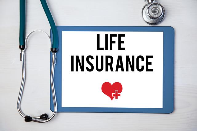 composite of life insurance graphic on tablet computer with medical instrument