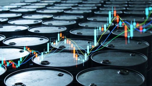 Crude oil market volatility with stacked steel barrels and candlestick trading overlay