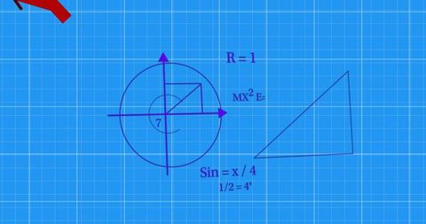 Unit circle blueprint with axes, concentric circle and inscribed triangle on blue grid for math lear