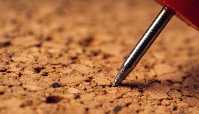 Pressing metallic pushpin into corkboard macro closeup with red head and textured grain detail