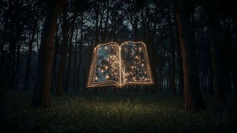 Glowing magical book in mysterious forest clearing