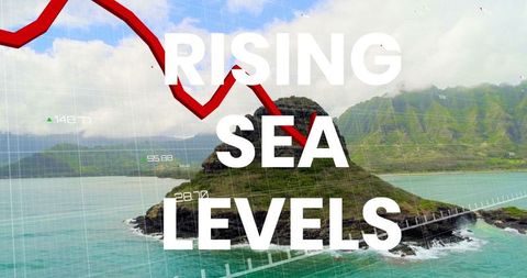 Impact of rising sea levels on economy with financial graph overlay