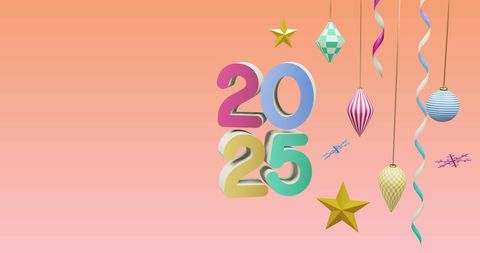 Colorful 2025 Design with Festive Ornaments on Gradient Background