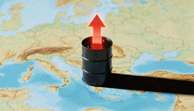 Europe oil price surge concept black barrel with red upward arrow on mediterranean map