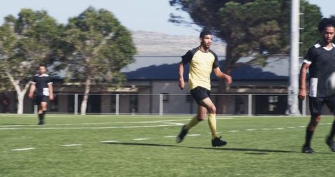 Soccer Players Practicing Teamwork on Sunny Sports Field