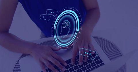 Artificial intelligence interface on laptop with woman typing