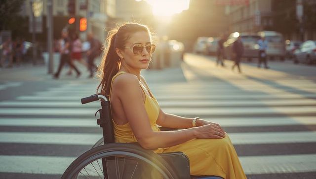 Fashionable woman in wheelchair crossing urban street at sunset