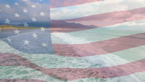 USA Flag Overlays Tranquil Beach and Waves Scenic View