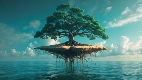 Surreal floating sandalwood island tree with dreamlike ocean scene