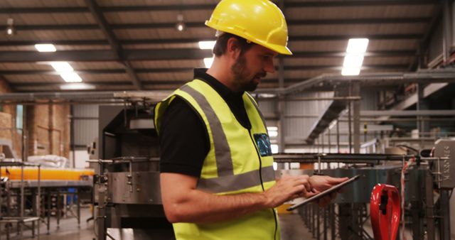 Male Factory Worker in High Vis Jacket Using Tablet for Maintenance Check - Download Free Stock Images Pikwizard.com