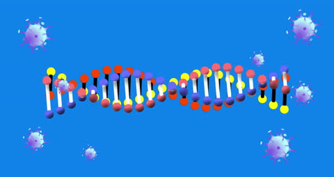 DNA Helix and Floating Virus Particles on Blue Background