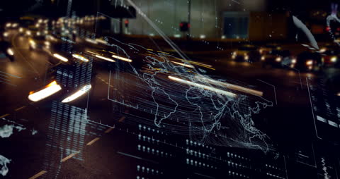 Futuristic Data Interface Overlay on Night City Traffic