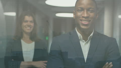 Smiling Business Professionals in Corporate Office with Cityscape