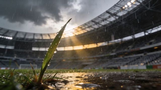 Single blade of grass rising from wet stadium turf in rain with sunlit droplets