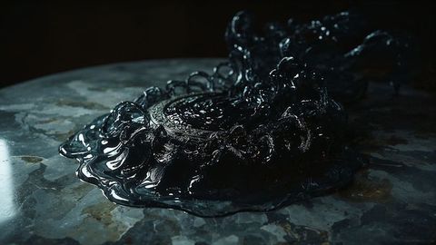 Metallic medallion covered by glossy dark liquid on table