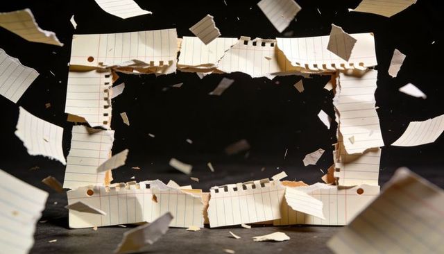 Torn Lined Notebook Paper Forming Dramatic Rectangular Frame with Flying Debris