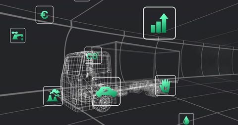 Wireframe truck with teal metric icons showing fleet analytics and environmental metrics