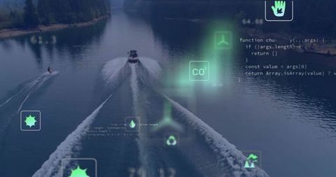 Motorboat cutting v-shaped wake towing wakeboarder over forest lake with ar hud overlays