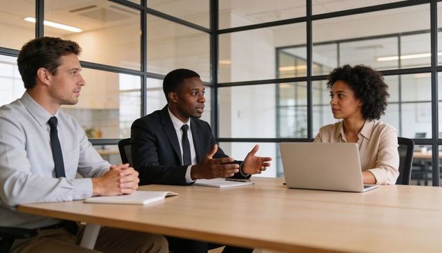 Executives discussing strategy and teamwork around laptop in modern glass conference room