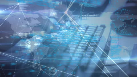 Visual represents concept of global digital communications with abstract overlays symbolizing data exchange. Ideal for illustrating topics related to digital transformation, data security, global internet systems and technology development. Also useful for technological corporation and IT sector presentations.