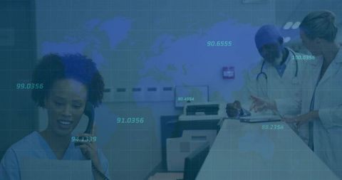 Medical team collaborating in modern healthcare facility with digital overlay