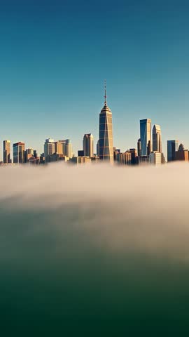 Vertical Drone Video Showing Skyscraper Piercing Fog Over Waterfront Urban Skyline