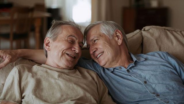 Senior male couple relaxing on sofa sharing warm affection and everyday companionship