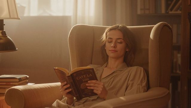 Serene woman reading in wingback armchair with warm lamp light and bookshelf backdrop