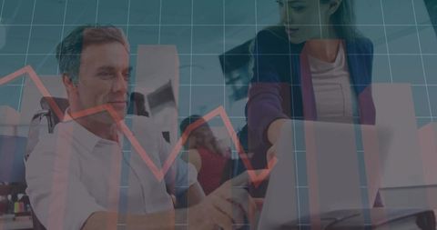 Business Professionals Analyzing Data with Laptop and Graph Overlay