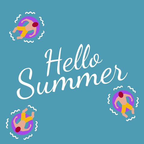 hello summer graphic with figures relaxing in water - Download Free Stock Templates Pikwizard.com