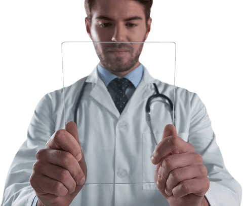 Male Doctor Using Transparent Glass Tablet Technology