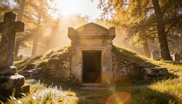 Sunlit dawn revealing ancient stone burial chamber with carved pediment and open doorway
