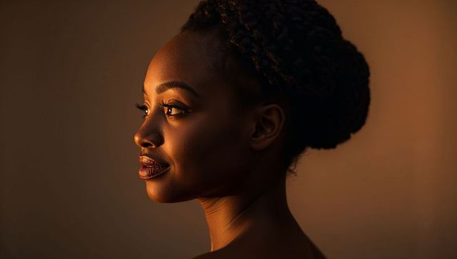 Elegant black woman with braided updo portrait, warm rim light, minimalist beauty