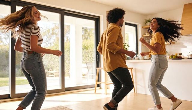 Friends dancing in sunlit open-plan kitchen wearing jeans and tops, joyful lifestyle