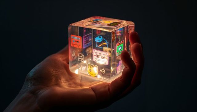 Hand holding glowing retro pixel cube with neon icons and cassette nostalgia
