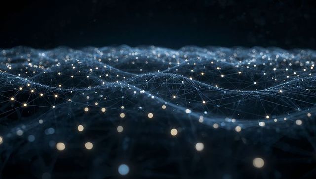 Glowing neural network mesh rippling over dark data landscape with luminous nodes