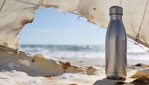 Sunlit stainless steel water bottle on beach sand with torn canvas frame and ocean view