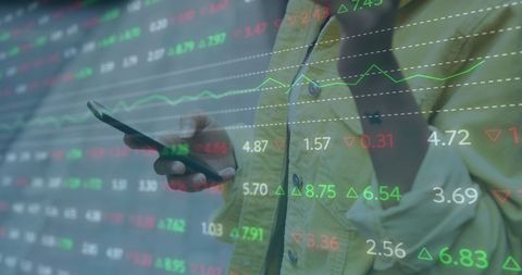 Businesswoman Analyzing Stock Market Data on Smartphone Overlay - Download Free Stock Images Pikwizard.com