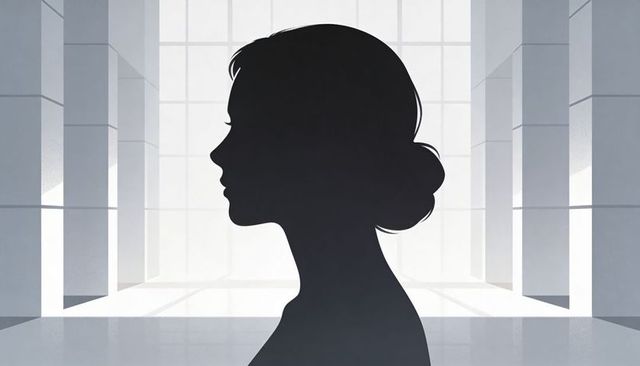 Backlit female silhouette in minimalist atrium with geometric columns and reflective floor
