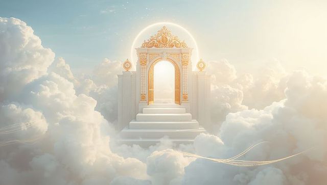 Heavenly gilded gateway rising through sunlit clouds with marble staircase