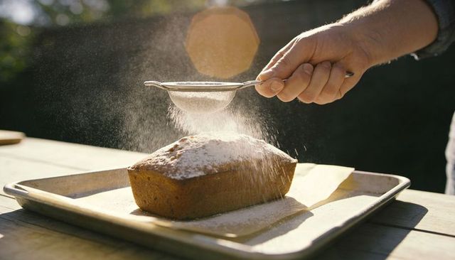 Hand dusting powdered sugar over fresh loaf on tray outdoors in warm sunlit rustic scene