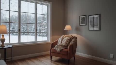 Camera Panning Right Over Cozy Armchair Draped With Blanket During Snowfall Outside Window