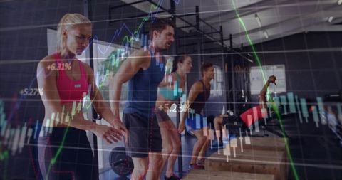 Group circuit training with market data overlay: athletic team doing box jumps and plyometrics